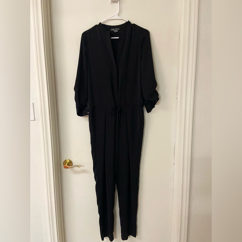 VINCE Pants Jumpsuit Long Sleeve Drawstring Waist Satin Black 4